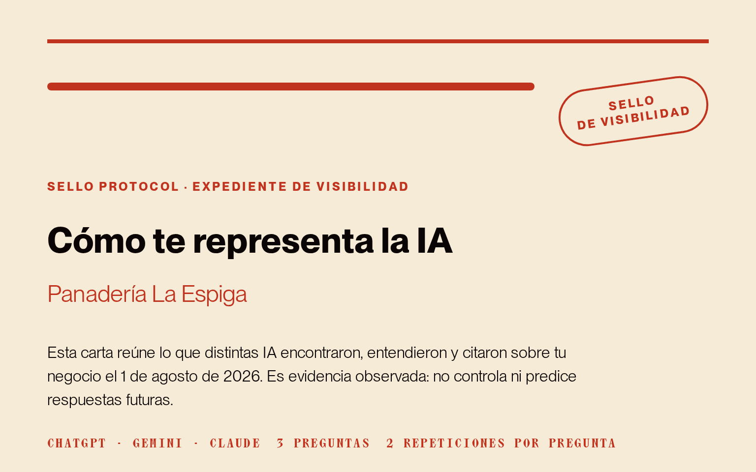 Portada de un reporte real de Sello para Panadería La Espiga